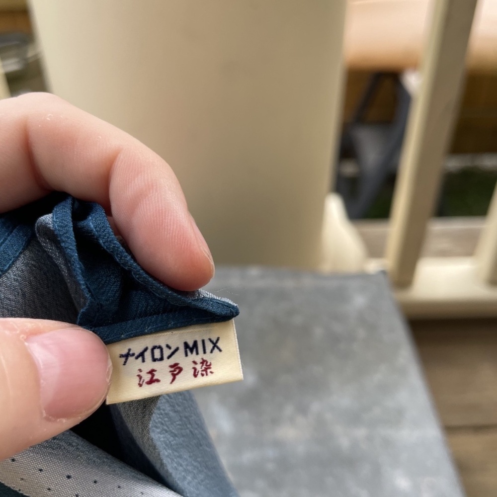 Japanese Blue Hayashi Kimono Scarf w/ multicolor Pitcher, Bowl and Plate Design - Picture 3 of 3